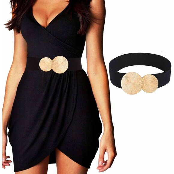Accessories - Wide Elastic Waist Belt for Women Thick Dresses with Gold Buckle Black